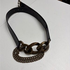 Zara black croc embossed leather belt with gold-tone chain detail.